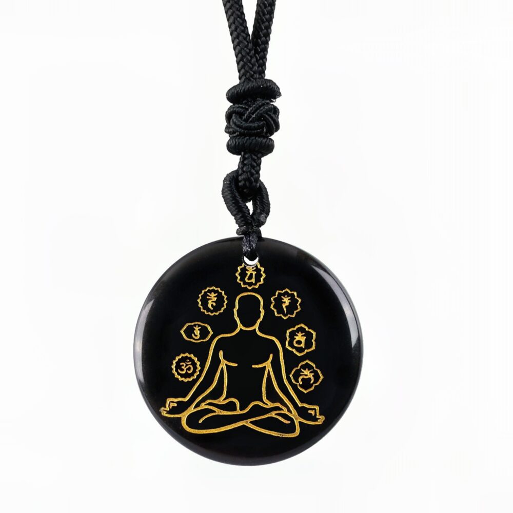 7 Chakras Yoga Meditatio Black Obsidian Necklace