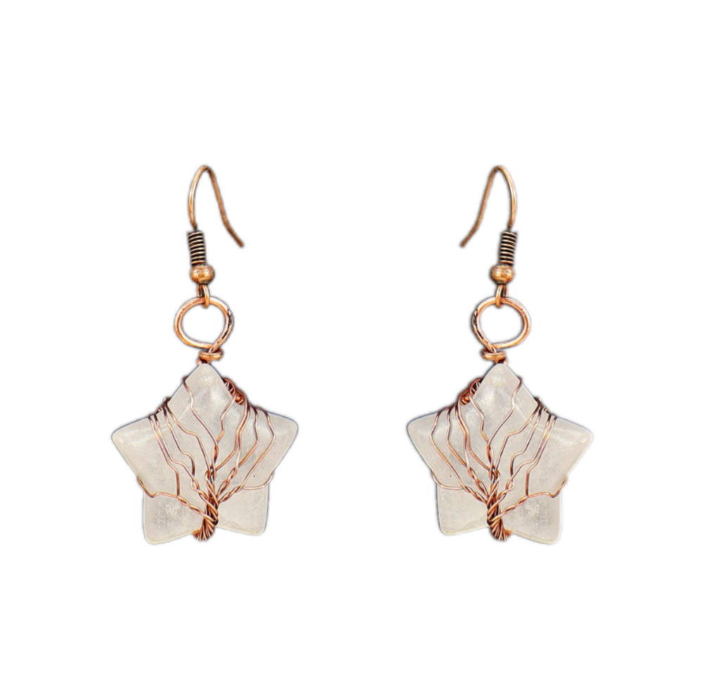 Celestial Harmony Wire-Wrapped Tree of Life Star Clear Quartz Crystal Handmade Earrings